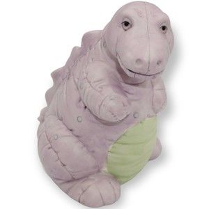 Quilted Dinosaur Ceramic Coin Piggy Bank Lavender Body with Chartreuse Belly